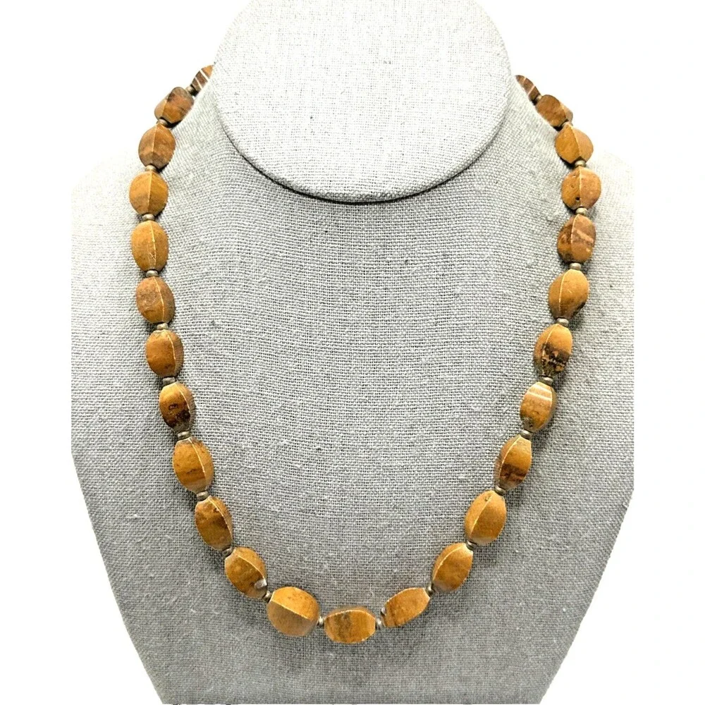 Unique Vintage Stone Bead Choker Necklace Heavy Brown Beige Petrified Wood 20